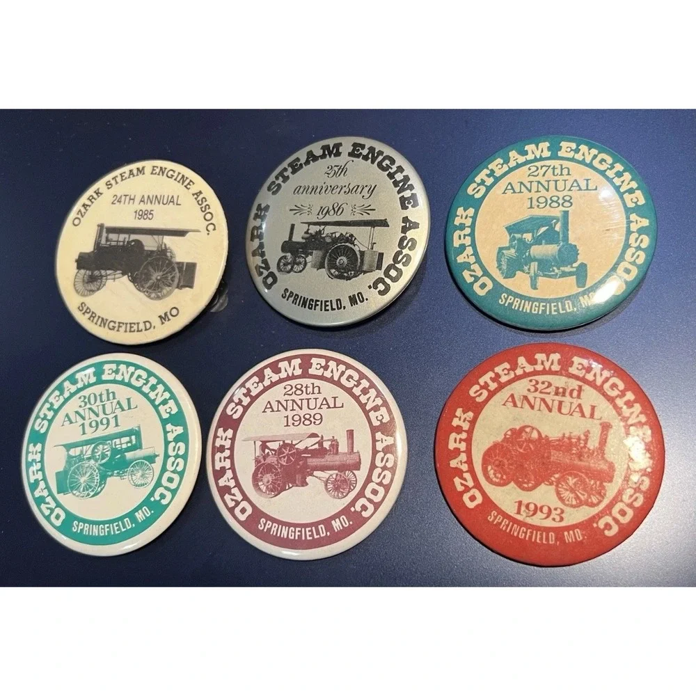 6pc Vintage Ozark Steam Engine Assoc Springfield MO Pinback Button Lot 1985-1993